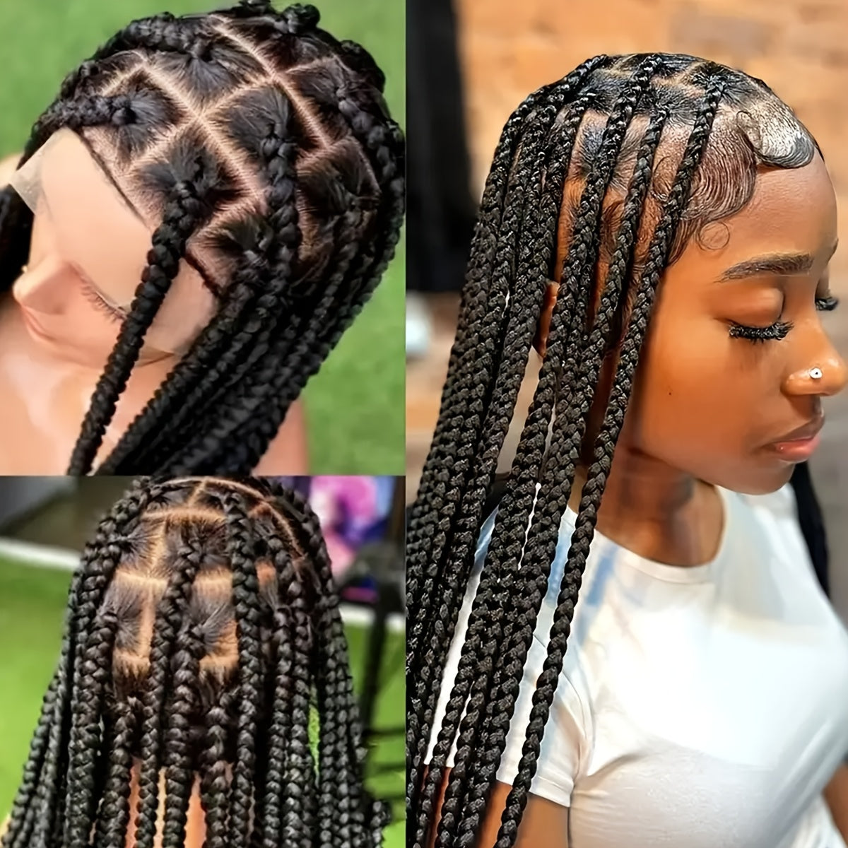 36" Full Lace Front Wig for Women - Knotless Box Braided Synthetic Hair, High-Density 180%, Black with Natural Highlights, Perfect for Casual Attire or Special Occasions